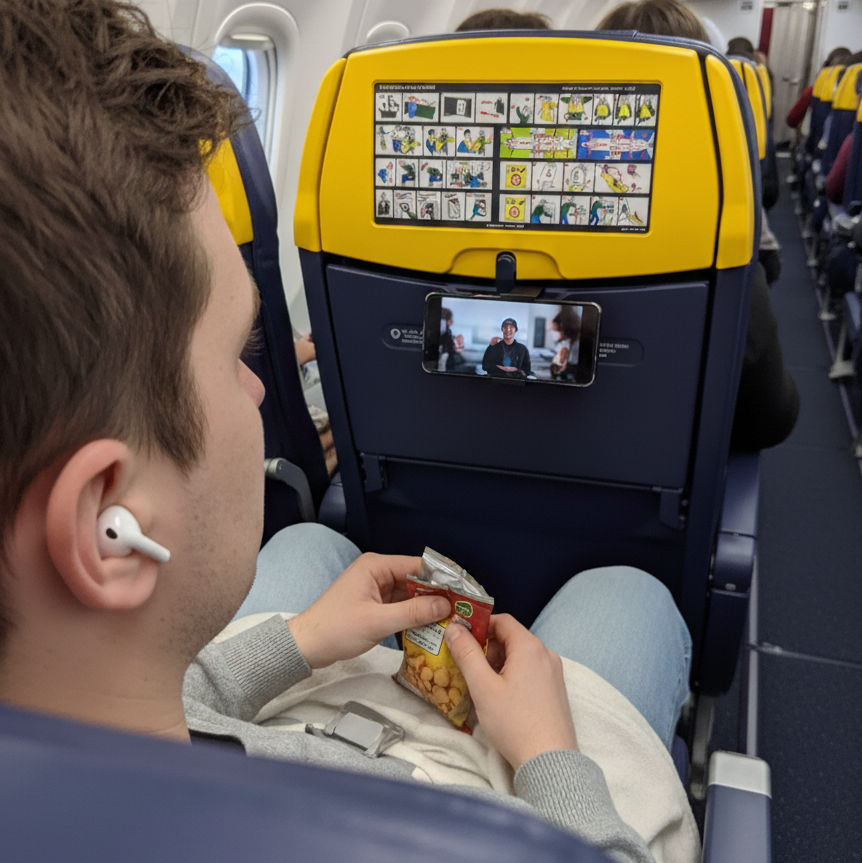 FlytHook phone holder in use on airplane for hands-free entertainment